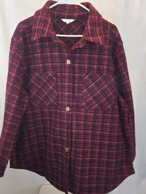 Plaid Button-Down Shirt Jacket in Burgundy and Pink